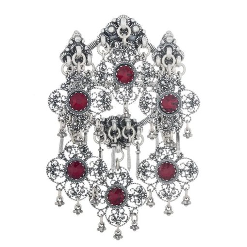 Bøheradsring Nr. 9 med røde stener kruser og aks, oksidert