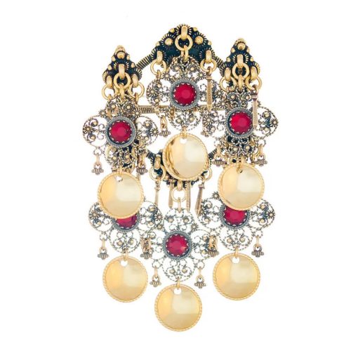 Bøheradsring Nr. 9 med røde stener kruser og løv, gammelforgylt