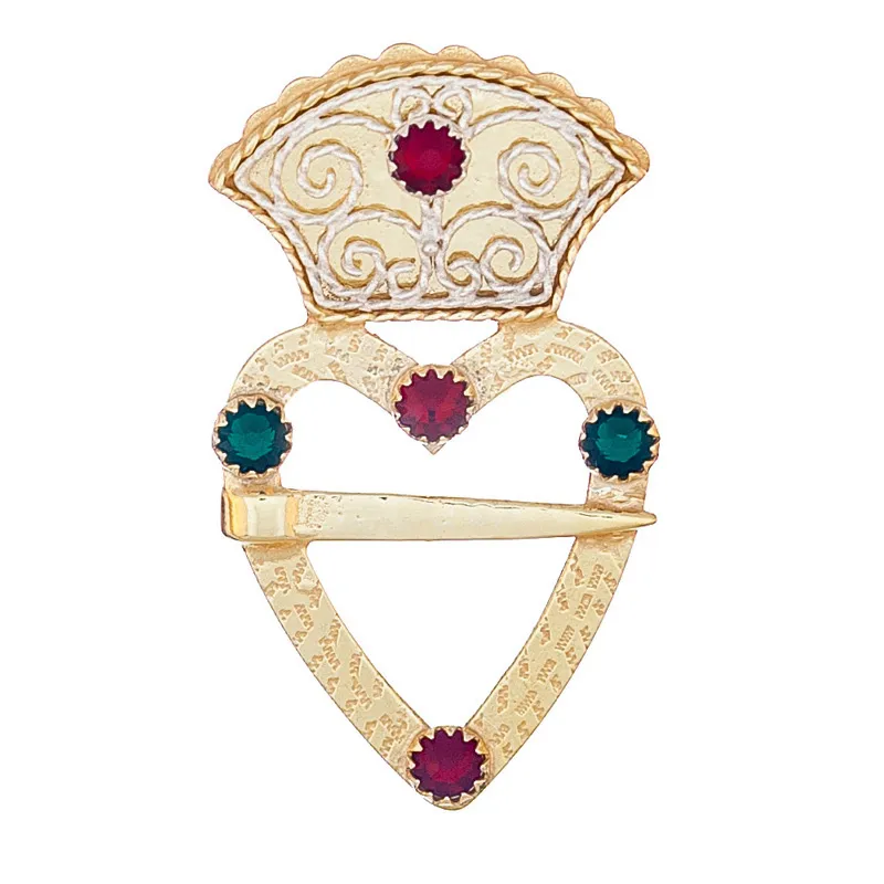 Hjertesølje nr. 39, lys forgylt m/røde og grønne stener