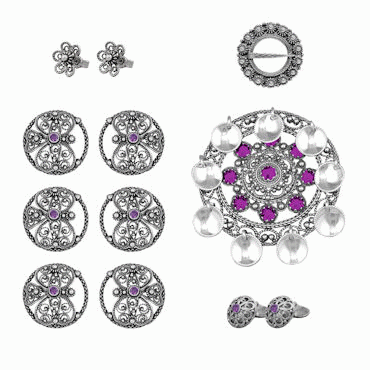 Bunadsølv pakke beltestakk nr. 6 oksydert med lilla stener