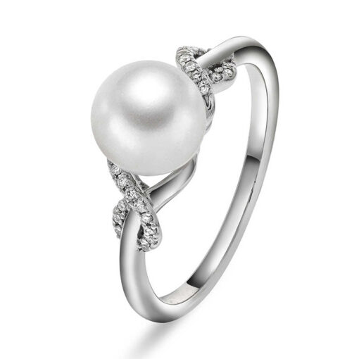 Ring i gull med perle og dia 0,06 ct