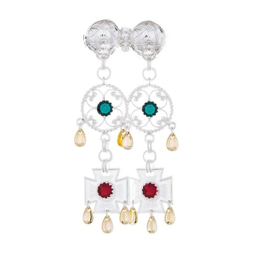 Halsnål nr. 72  lys forgylt med røde og grønne steiner