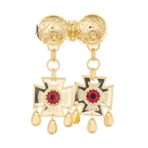 Halsnål nr. 42 forgylt med røde steiner