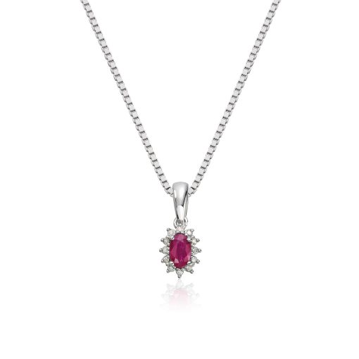 Anheng i hvitt gull, Rosett rubin og diamant 0,034 ct