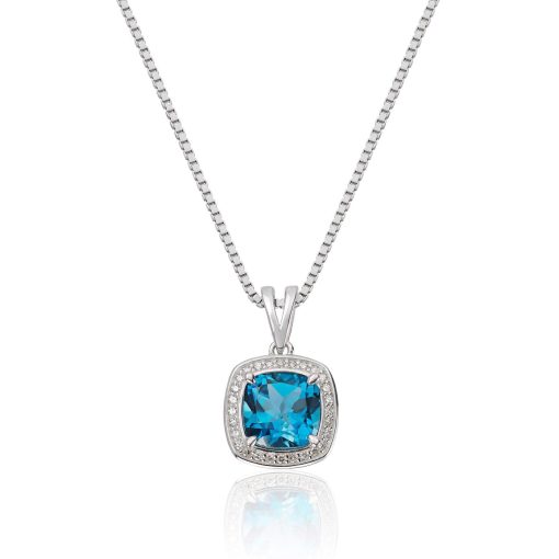 Anheng i hvitt gull, Rosett med London Blue Topas og diamanter 0,08 ct.