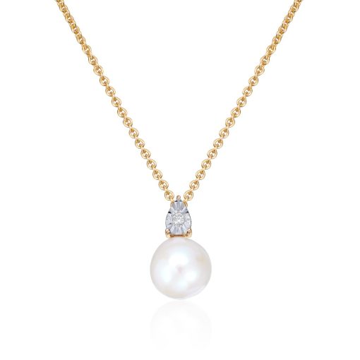 Anheng i gull, Ferskvannsperle og diamant 0.03ct - B: 9 mm