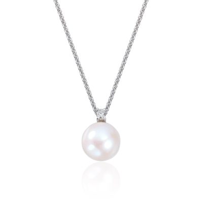 Perleanheng i hvitt gull, Diamant 0.04ct - 8,5 mm