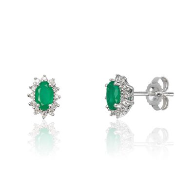 Øredobber i hvitt gull, Rosett smaragd og diamant 0,067 ct