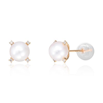 Perleøredobber i gull, 0.08ct Diamant - 7,5 mm