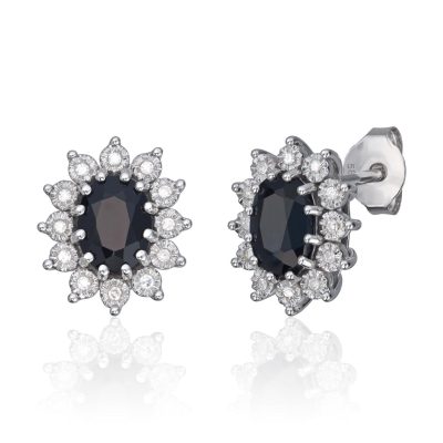 Øredobber i hvitt gull, Rosett med sort safir og diamanter 0,08 ct - 12,5 mm