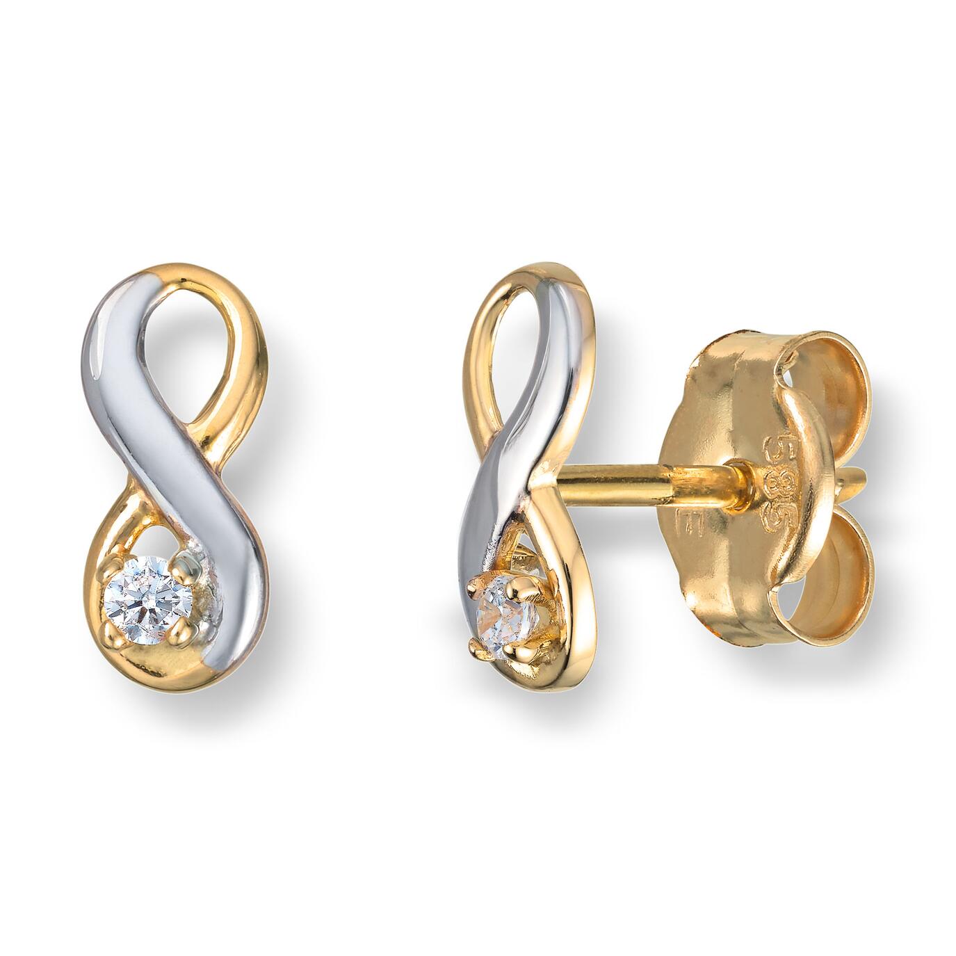 Øredobber i gull, To-farget med evighetstegn og zirkonia, H: 7,4 mm