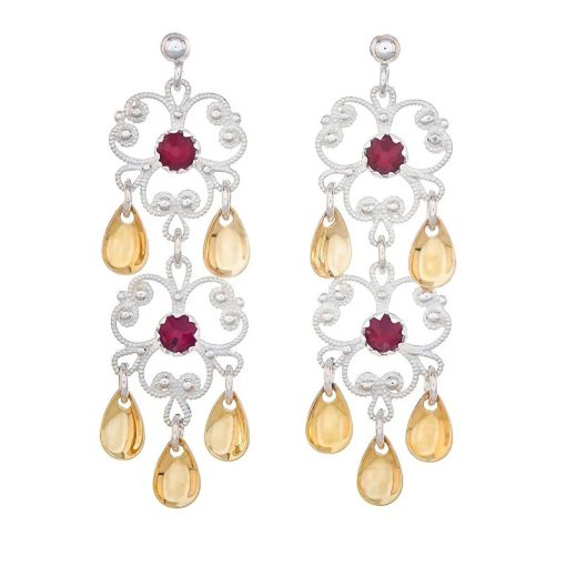 Ørepynt nr. 2, hvit/gylt m/rød sten, for hull