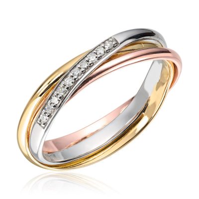 Ring i gull, tre-farget med diamanter 0,05 ct.