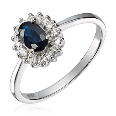 Ring i hvitt gull, Rosett med safir og diamanter 0,16 ct.