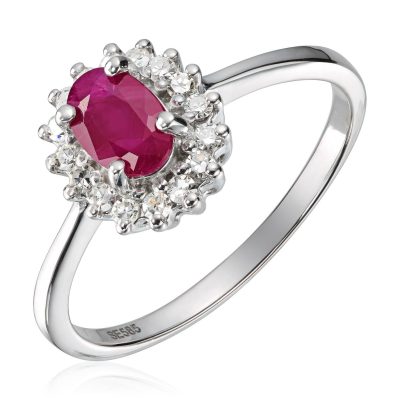 Ring i hvitt gull, Rosett med rubin og diamanter 0,16 ct.