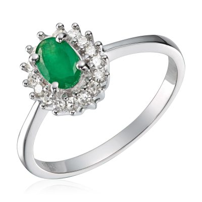 Ring i hvitt gull, Rosett med smaragd og diamanter 0,16 ct.