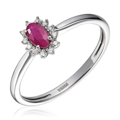 Ring i hvitt gull, Rosett med rubin og diamanter 0,04 ct.