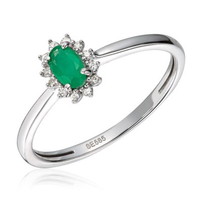 Ring i hvitt gull, Rosett med smaragd og diamanter 0,04 ct.
