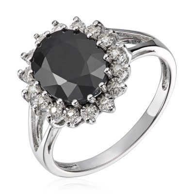 Ring i hvitt gull, Rosett med sort safir og diamanter 0,08 ct - H: 14,5 mm