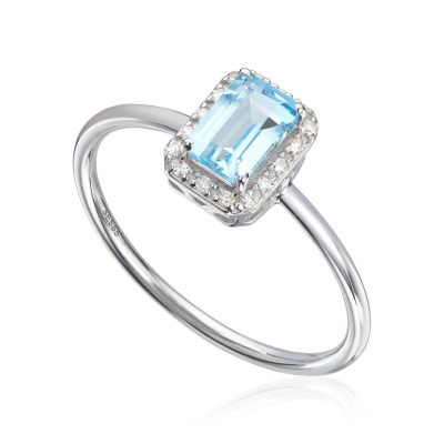 Ring i hvitt gull, Rosett med topas og diamanter 0,46 ct.