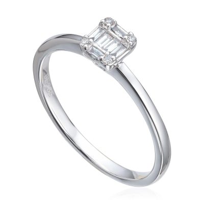 Ring i hvitt gull, Baguett- og brilliantslipt diamant 0,11 ct.
