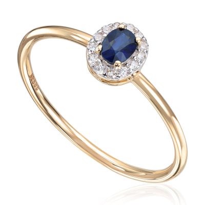 Ring i gull, Rosett med Safir og Diamanter 0,07 ct.