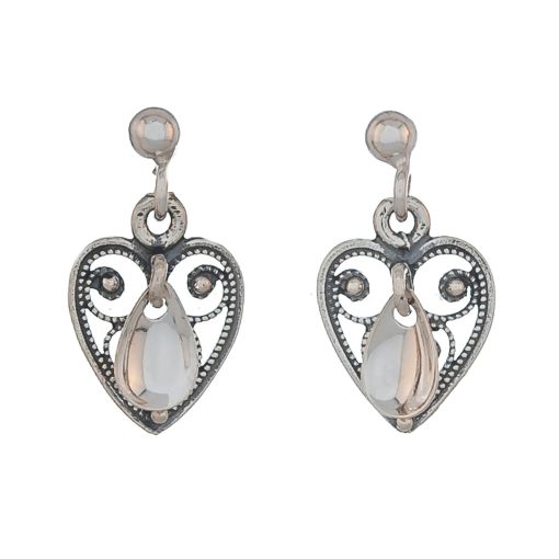 Ørepynt nr. 14, hjerte med dråpelauv, oksidert