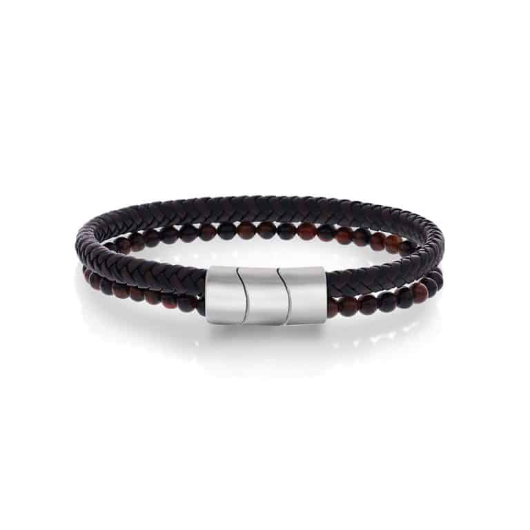 Armbånd i stål m/sort og brunt skinn